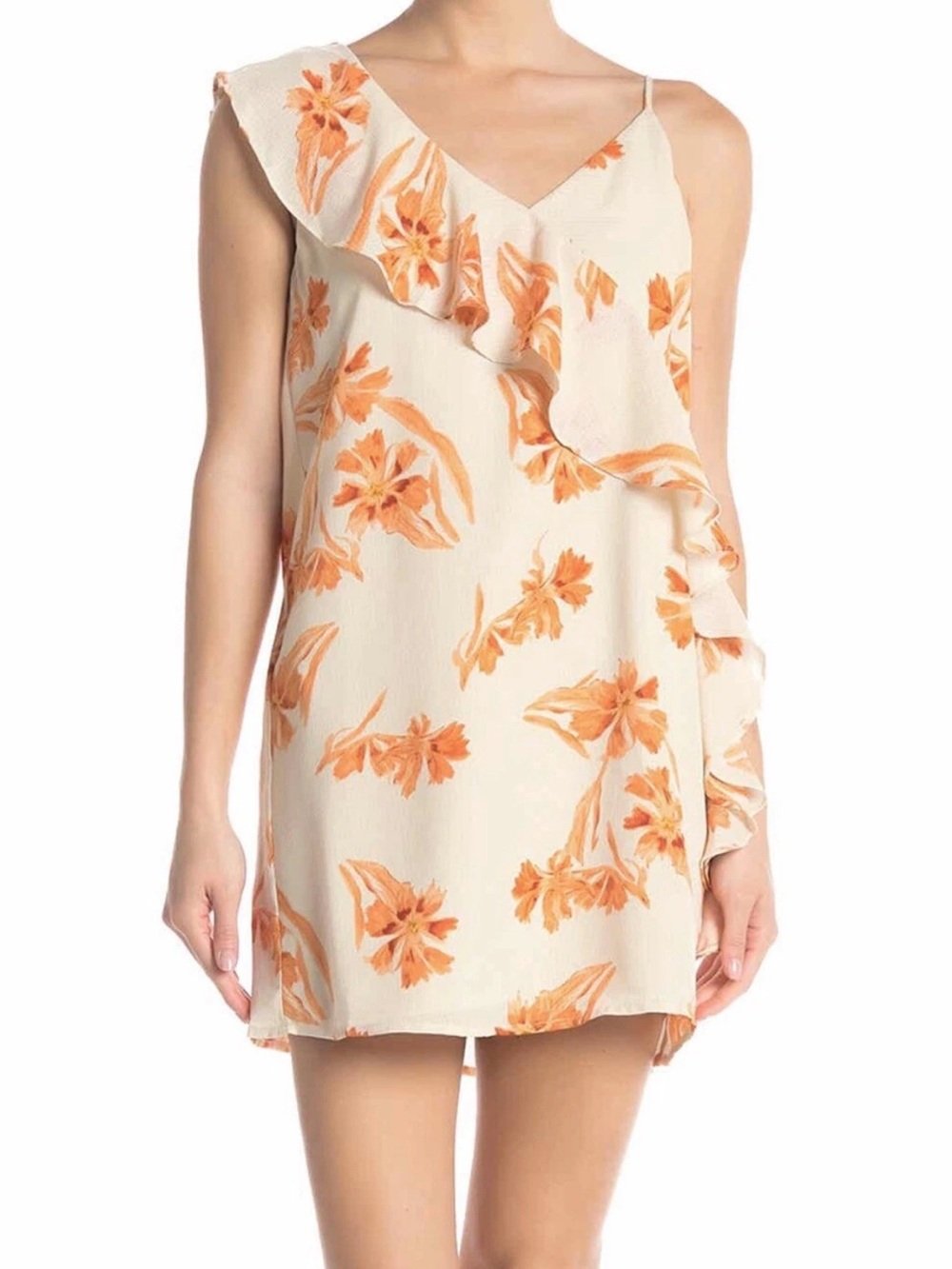 Collective Concepts Cream Dress with Orange Floral Ruffle